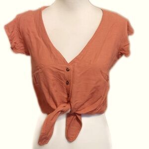 ROXY Sweeter Than This Knotted Crop top, coral pink/orange, linen blend xs
